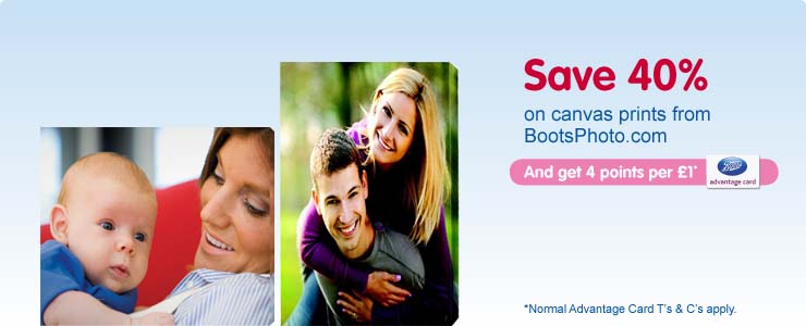 Save up to 40% on selected canvas prints on Boots Photo